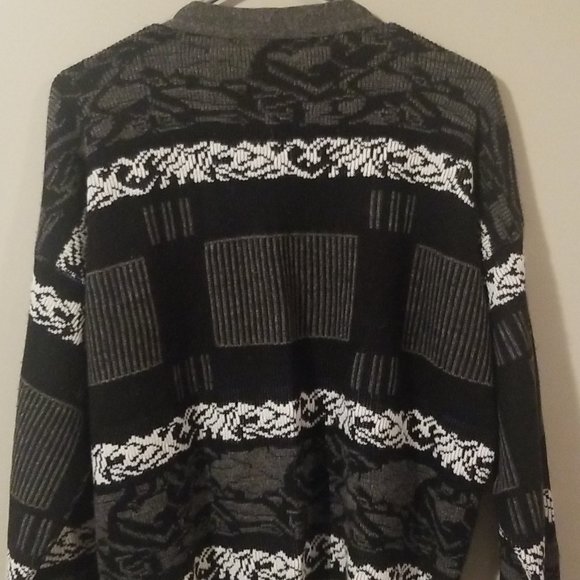 Mens Size 40 Medium Black White Cardigan Sweater Sears Grandpa Knit Cobain - Picture 2 of 3